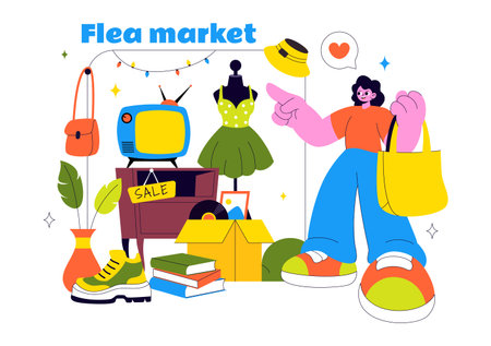 Flea Market Vector Illustration Featuring a Secondhand Shop with Shoppers, Swap Meets, Sellers, and Customers at a Weekend Market in the Cityのイラスト素材