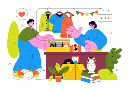 Flea Market Vector Illustration Featuring a Secondhand Shop with Shoppers, Swap Meets, Sellers, and Customers at a Weekend Market in the Cityのイラスト素材