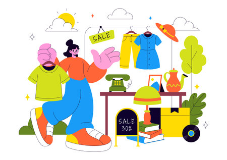 Flea Market Vector Illustration Featuring a Secondhand Shop with Shoppers, Swap Meets, Sellers, and Customers at a Weekend Market in the Cityのイラスト素材