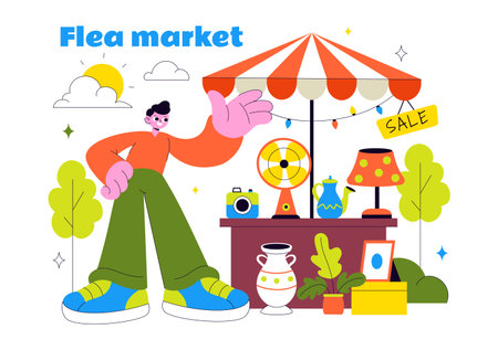 Flea Market Vector Illustration Featuring a Secondhand Shop with Shoppers, Swap Meets, Sellers, and Customers at a Weekend Market in the Cityのイラスト素材