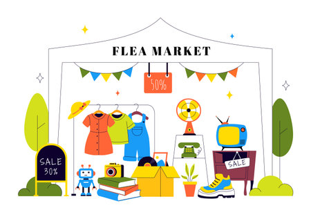 Flea Market Vector Illustration Featuring a Secondhand Shop with Shoppers, Swap Meets, Sellers, and Customers at a Weekend Market in the Cityのイラスト素材