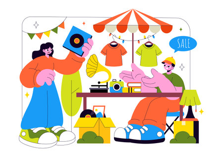 Flea Market Vector Illustration Featuring a Secondhand Shop with Shoppers, Swap Meets, Sellers, and Customers at a Weekend Market in the Cityのイラスト素材