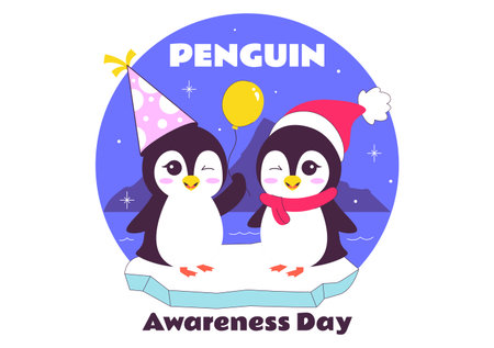 Penguin Awareness Day Vector Illustration on January 20, Featuring Penguins and an Iceberg to Promote Animal Conservation on a Flat Backgroundのイラスト素材
