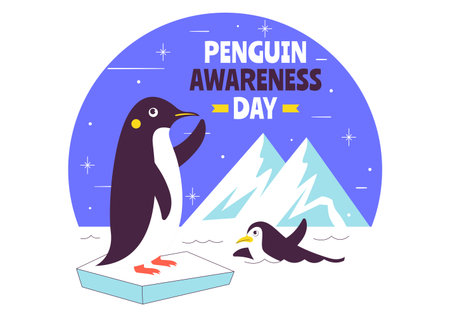 Penguin Awareness Day Vector Illustration on January 20, Featuring Penguins and an Iceberg to Promote Animal Conservation on a Flat Backgroundのイラスト素材