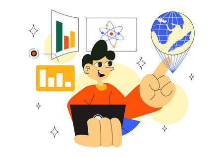 Augmented Reality Education Vector Illustration Featuring AR Modern Technology with Virtual Interface, Interactive Learning, and Digital Innovationのイラスト素材