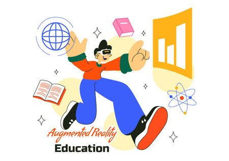 Augmented Reality Education Vector Illustration Featuring AR Modern Technology with Virtual Interface, Interactive Learning, and Digital Innovationのイラスト素材