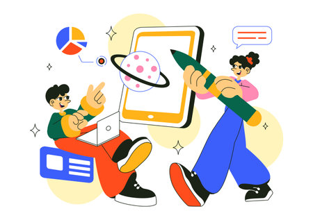 Augmented Reality Education Vector Illustration Featuring AR Modern Technology with Virtual Interface, Interactive Learning, and Digital Innovationのイラスト素材