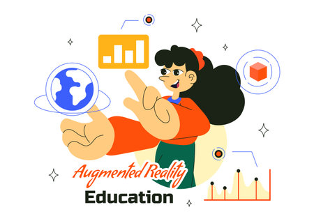 Augmented Reality Education Vector Illustration Featuring AR Modern Technology with Virtual Interface, Interactive Learning, and Digital Innovationのイラスト素材