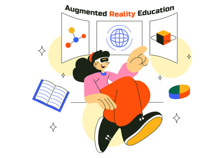 Augmented Reality Education Vector Illustration Featuring AR Modern Technology with Virtual Interface, Interactive Learning, and Digital Innovationのイラスト素材