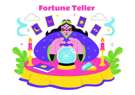 Fortune Teller Vector Illustration with Crystal Ball, Magic Book, and Tarot Cards for Predicting Destiny and Telling the Future in a Flat Backgroundのイラスト素材