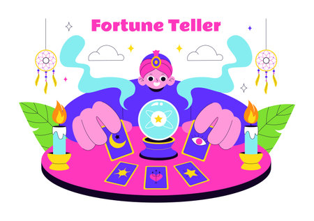 Fortune Teller Vector Illustration with Crystal Ball, Magic Book, and Tarot Cards for Predicting Destiny and Telling the Future in a Flat Backgroundのイラスト素材
