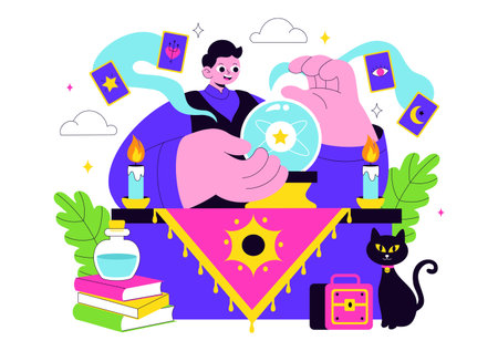 Fortune Teller Vector Illustration with Crystal Ball, Magic Book, and Tarot Cards for Predicting Destiny and Telling the Future in a Flat Backgroundのイラスト素材