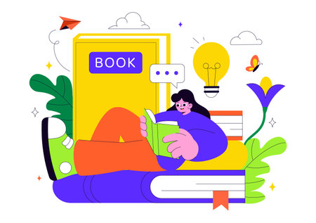 Book Week Events Vector Illustration with People Reading and Students Studying Textbooks for Literacy in a Flat Style Cartoon Backgroundのイラスト素材