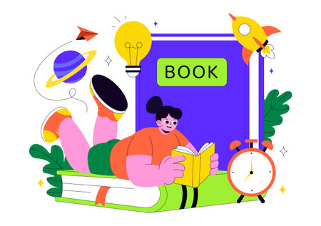 Book Week Events Vector Illustration with People Reading and Students Studying Textbooks for Literacy in a Flat Style Cartoon Backgroundのイラスト素材