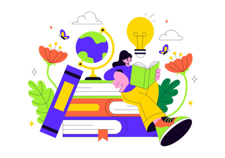 Book Week Events Vector Illustration with People Reading and Students Studying Textbooks for Literacy in a Flat Style Cartoon Backgroundのイラスト素材