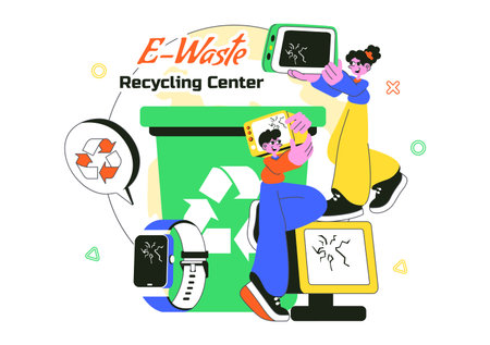 E-Waste Recycling Center Vector Illustration Featuring Electronic Waste Management and Proper Processing of Technological Rubbish In a Backgroundのイラスト素材