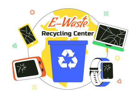 E-Waste Recycling Center Vector Illustration Featuring Electronic Waste Management and Proper Processing of Technological Rubbish In a Backgroundのイラスト素材
