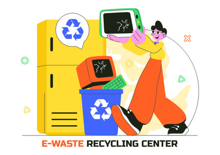 E-Waste Recycling Center Vector Illustration Featuring Electronic Waste Management and Proper Processing of Technological Rubbish In a Backgroundのイラスト素材