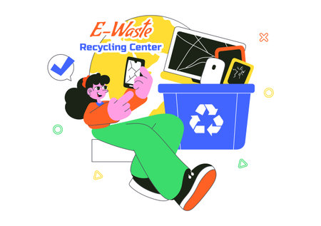 E-Waste Recycling Center Vector Illustration Featuring Electronic Waste Management and Proper Processing of Technological Rubbish In a Backgroundのイラスト素材