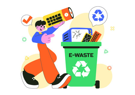 E-Waste Recycling Center Vector Illustration Featuring Electronic Waste Management and Proper Processing of Technological Rubbish In a Backgroundのイラスト素材