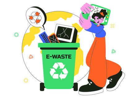 E-Waste Recycling Center Vector Illustration Featuring Electronic Waste Management and Proper Processing of Technological Rubbish In a Backgroundのイラスト素材