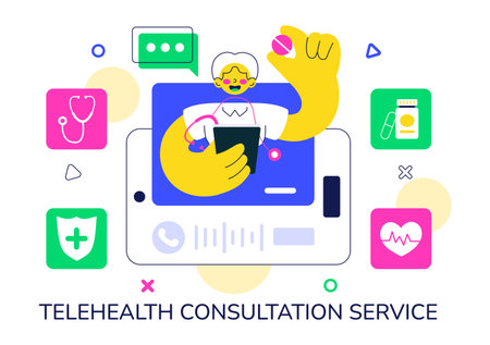 Telehealth Consultation Service Vector Illustration Featuring the Practice of using Technology to Provide Remote Health Services on Mobile Deviceのイラスト素材