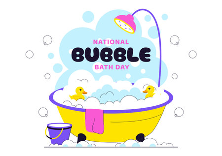 National Bubble Bath Day Vector Illustration Featuring Relaxing Spa Bath Scene with Bubbles, Towels, Candles, and Self Care in Flat Cartoon Styleのイラスト素材