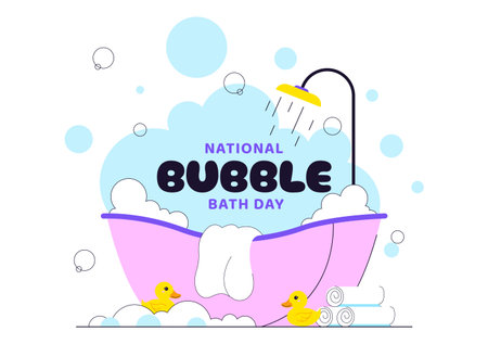 National Bubble Bath Day Vector Illustration Featuring Relaxing Spa Bath Scene with Bubbles, Towels, Candles, and Self Care in Flat Cartoon Styleのイラスト素材