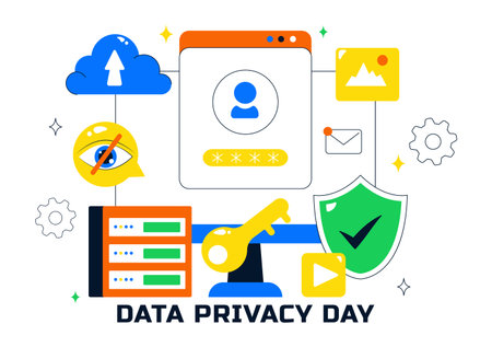 Data Privacy Vector Illustration Featuring Cybersecurity with a Lock on Screen, Secure Information, Confidential Documents and Digital Data Protectionのイラスト素材