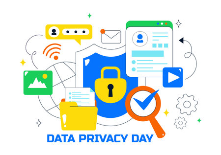Data Privacy Vector Illustration Featuring Cybersecurity with a Lock on Screen, Secure Information, Confidential Documents and Digital Data Protectionのイラスト素材