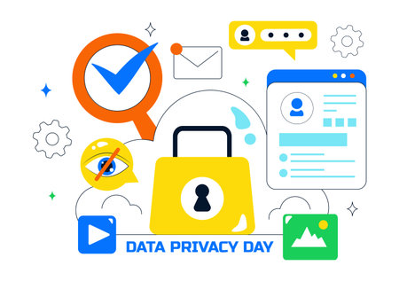 Data Privacy Vector Illustration Featuring Cybersecurity with a Lock on Screen, Secure Information, Confidential Documents and Digital Data Protectionのイラスト素材