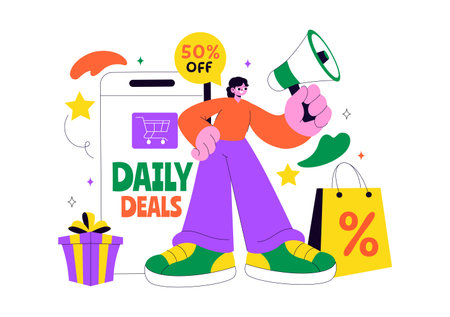 Daily Deals Vector Illustration Showcasing Various Shopping Items with Increasing Discounts, Ideal for Promotions, Sales, and E-Commerce Backgroundのイラスト素材