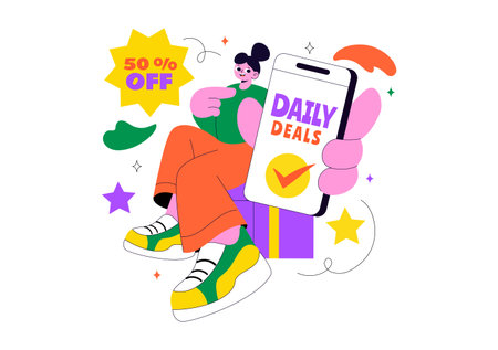 Daily Deals Vector Illustration Showcasing Various Shopping Items with Increasing Discounts, Ideal for Promotions, Sales, and E-Commerce Backgroundのイラスト素材
