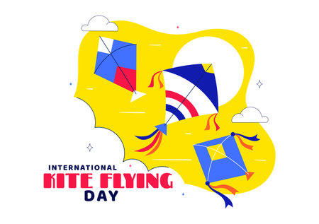 National Kite Flying Day Vector Illustration Featuring a Sunny Sky Background, People Playing with Kites Outdoors During Summer Leisure Activityのイラスト素材