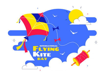 National Kite Flying Day Vector Illustration Featuring a Sunny Sky Background, People Playing with Kites Outdoors During Summer Leisure Activityのイラスト素材