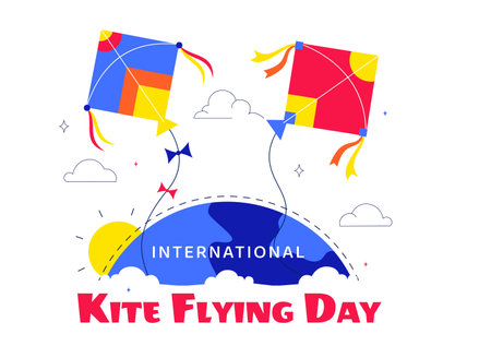 National Kite Flying Day Vector Illustration Featuring a Sunny Sky Background, People Playing with Kites Outdoors During Summer Leisure Activityのイラスト素材