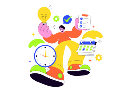 Vector Illustration Of Time Management With Clock Settings, Task Planning, Training Activities, And Scheduling In a Flat Cartoon Style Backgroundのイラスト素材