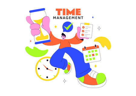 Vector Illustration Of Time Management With Clock Settings, Task Planning, Training Activities, And Scheduling In a Flat Cartoon Style Backgroundのイラスト素材