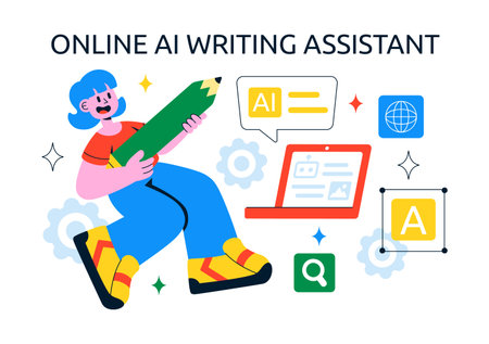 AI Writing Assistant Illustration with Artificial Intelligence Technology For Translation, Chatbot Interaction, Code Generation, And Article Writingのイラスト素材