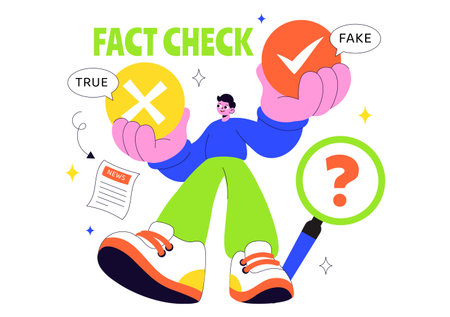 Fact Check Vector Illustration Featuring Myths Vs Facts News For Thorough Evidence Comparison and Accurate Information Review In a Flat Backgroundのイラスト素材