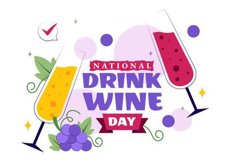 National Drink Wine Day Vector Illustration on February 18 Featuring a Glass of Grapes and a Bottle in a Flat Cartoon Background Designのイラスト素材