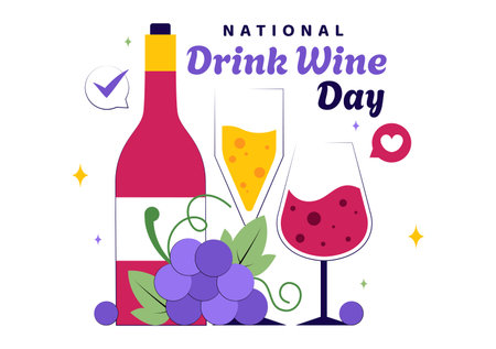 National Drink Wine Day Vector Illustration on February 18 Featuring a Glass of Grapes and a Bottle in a Flat Cartoon Background Designのイラスト素材