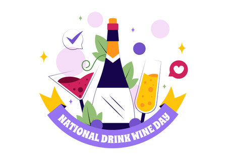 National Drink Wine Day Vector Illustration on February 18 Featuring a Glass of Grapes and a Bottle in a Flat Cartoon Background Designのイラスト素材
