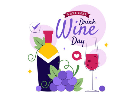 National Drink Wine Day Vector Illustration on February 18 Featuring a Glass of Grapes and a Bottle in a Flat Cartoon Background Designのイラスト素材