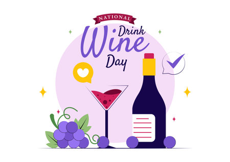 National Drink Wine Day Vector Illustration on February 18 Featuring a Glass of Grapes and a Bottle in a Flat Cartoon Background Designのイラスト素材