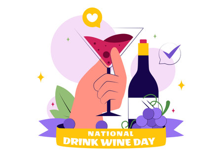 National Drink Wine Day Vector Illustration on February 18 Featuring a Glass of Grapes and a Bottle in a Flat Cartoon Background Designのイラスト素材