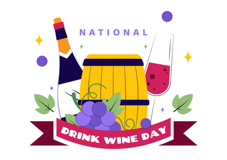National Drink Wine Day Vector Illustration on February 18 Featuring a Glass of Grapes and a Bottle in a Flat Cartoon Background Designのイラスト素材