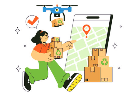 Eco Friendly Shipping Service Illustration Featuring Sustainable Logistics, Green Transport, Urban Delivery, Zero Emission Vehicle In a Backgroundのイラスト素材