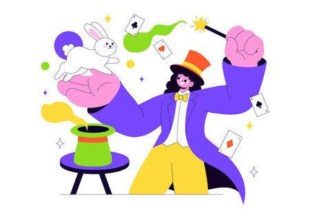 Magician Vector Illustration with Illusionist Conjuring Tricks and Waving a Magic Wand above his Mysterious Hat on a Stage in Flat Cartoon Backgroundのイラスト素材
