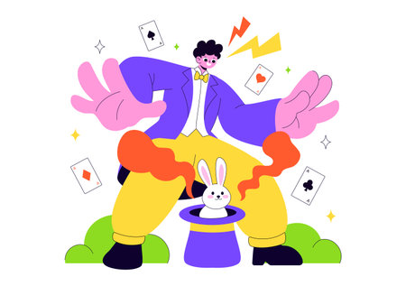Magician Vector Illustration with Illusionist Conjuring Tricks and Waving a Magic Wand above his Mysterious Hat on a Stage in Flat Cartoon Backgroundのイラスト素材